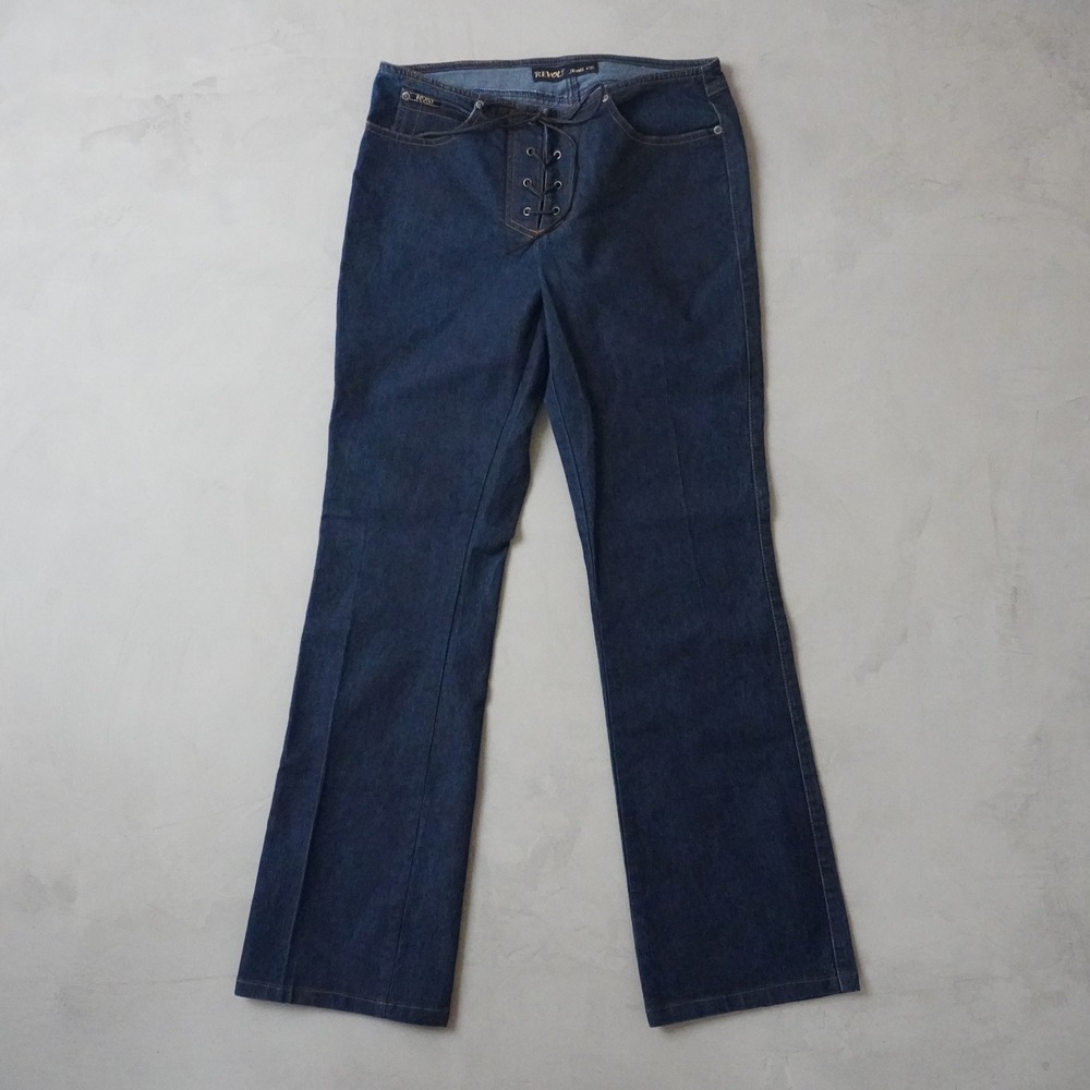 Vintage Revolt Jeans 9/10 Womens 90s Dark Wash Lace Up Front Flare Stretch Denim